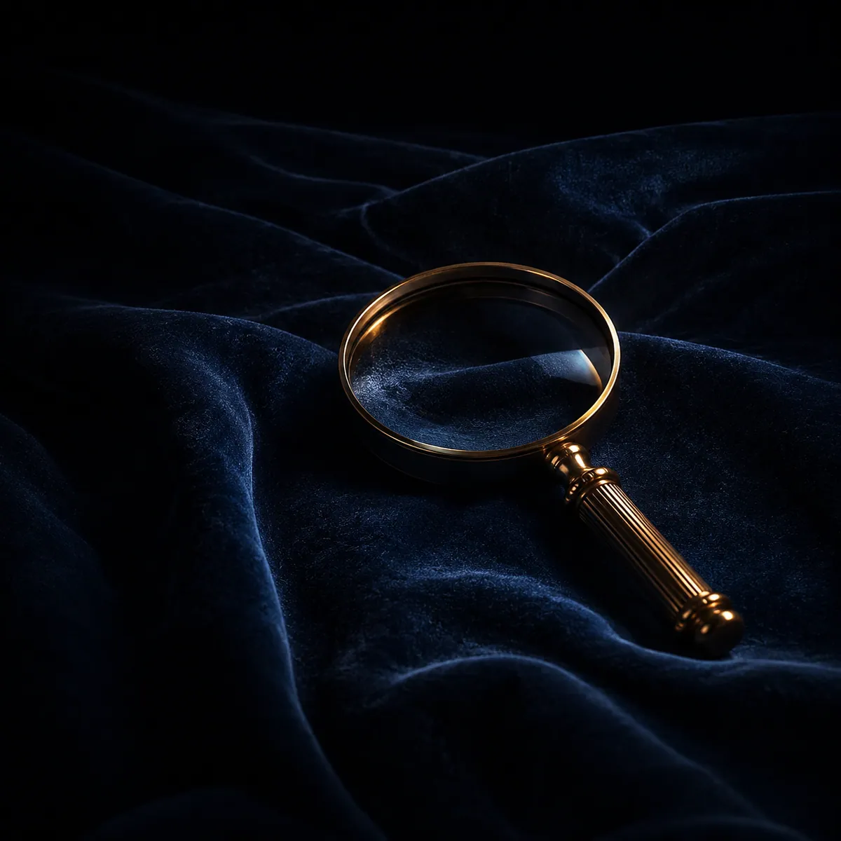 Loupe en laiton et carnet noir posés sur un velours bleu nuit